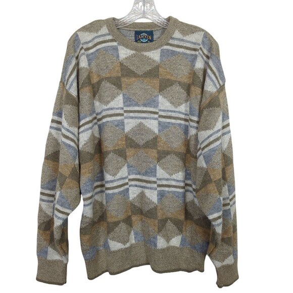 Vintage Janzen Sweater XL Brown Gray Sweater Geometric Diamond Pattern Knit - Picture 1 of 15